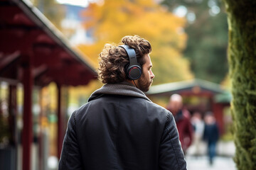 Obraz premium Lifestyle, hobbies and leisure, technology concept. Gorgeous man with headphones walking in park during autumn and listening music. Sunny fall day