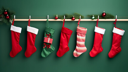 Hanging red christmas stockings filled with gifts, copyspace, green background