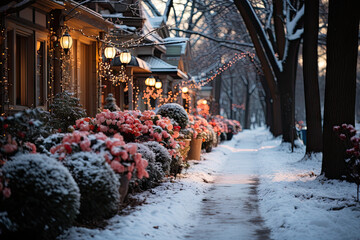 a snowy street lined with flowers and lights in the wintertime, as seen from an alley at night time