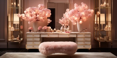 Design a glamorous dressing room for a fashion with a vanity table, plush seating, and a crystal...