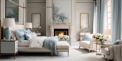 Design a luxurious master bedroom suite with a four-poster bed, silk drapes, and a marble...