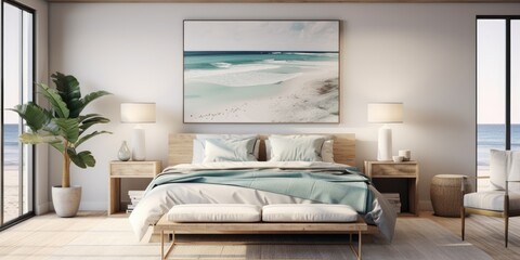 Obraz na płótnie Canvas Design a modern coastal bedroom with a platform bed, ocean-inspired artwork, and a woven jute rug. AI Generative