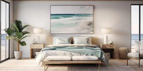 Fotobehang Design a modern coastal bedroom with a platform bed, ocean-inspired artwork, and a woven jute rug. AI Generative © Horsi