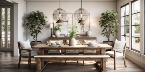 Design a modern farmhouse dining room with a reclaimed wood table, linen slip covered chairs, and a statement light fixture. AI Generative
