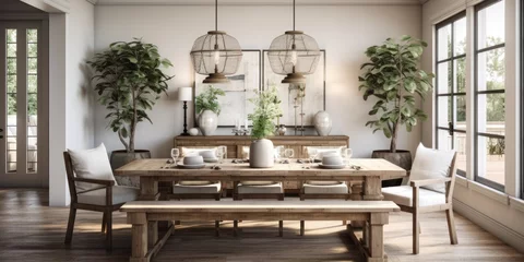 Foto op Plexiglas Design a modern farmhouse dining room with a reclaimed wood table, linen slip covered chairs, and a statement light fixture. AI Generative © Horsi