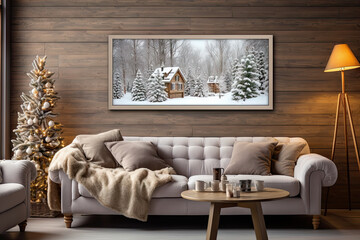 a cabin in the woods is hanging on the wall above a couch and coffee table with a christmas tree next to it