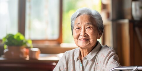 Chinese granny sitting on a chair in the house with a kind smile, generative AI - obrazy, fototapety, plakaty