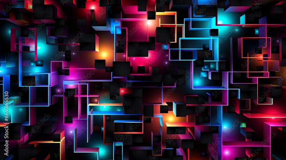 Wall mural abstract geometric background with neon lights and cubes