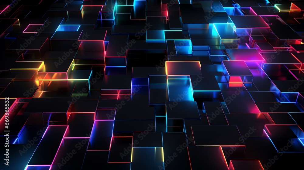 Wall mural abstract geometric background with neon lights and cubes