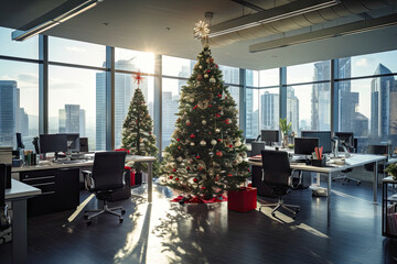 a very decorated christmas tree in an office with the sun shining through the windows and cityscaress behind it