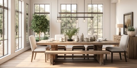 Fototapeta na wymiar Design a modern farmhouse dining room with a reclaimed wood table, linen slip covered chairs, and a statement light fixture. AI Generative