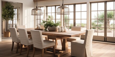 Obraz premium Design a modern farmhouse dining room with a reclaimed wood table, linen slip covered chairs, and a statement light fixture. AI Generative
