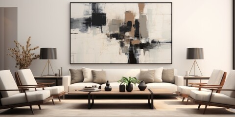 Design a modern minimalist living room with clean lines and neutral colors. AI Generative - obrazy, fototapety, plakaty
