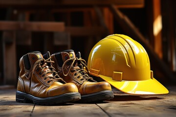 Work safety. Protective hard hat and boots on wooden table, blur industrial plant interior