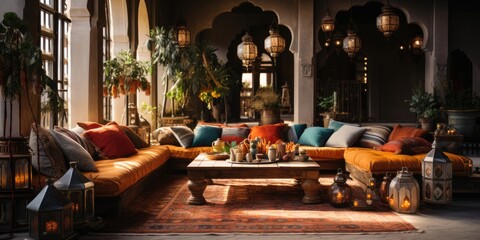Fototapeta na wymiar Design a Moroccan-inspired lounge with low seating, vibrant textiles, and ornate metal lanterns. AI Generative