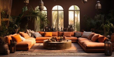 Design a Moroccan-inspired lounge with low seating, vibrant textiles, and ornate metal lanterns. AI Generative