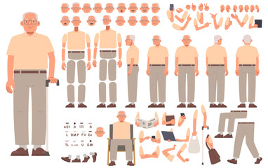 Grandfather character constructor for animation. An elderly man in various poses and views, gestures and emotions