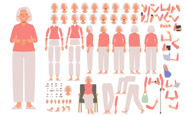 Grandmother character constructor for animation. An elderly woman in various poses and views, gestures and emotions