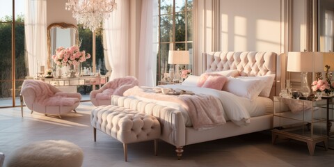 Design a Parisian-inspired bedroom with a tufted headboard, a crystal chandelier, and a mirrored vanity. AI Generative