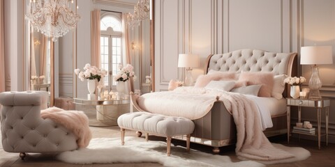 Design a Parisian-inspired bedroom with a tufted headboard, a crystal chandelier, and a mirrored vanity. AI Generative - obrazy, fototapety, plakaty