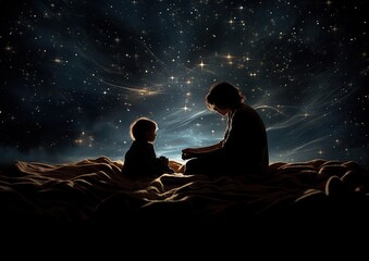 A high-angle shot of a babysitter and a child lying on a blanket, stargazing in a clear night sky.