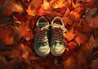 A high-angle shot of a baby's feet covered in colorful autumn leaves, capturing the seasonal beauty