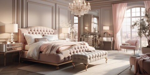 Design a Parisian-inspired bedroom with a tufted headboard, a crystal chandelier, and a mirrored vanity. AI Generative