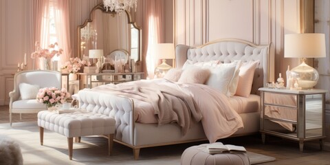 Design a Parisian-inspired bedroom with a tufted headboard, a crystal chandelier, and a mirrored vanity. AI Generative - obrazy, fototapety, plakaty