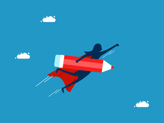 The best thinking and development. Businesswoman hero holds a pencil and flies in the sky. Vector