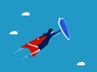 Ultimate protection. Businesswoman hero holding a shield flying in the sky. Vector