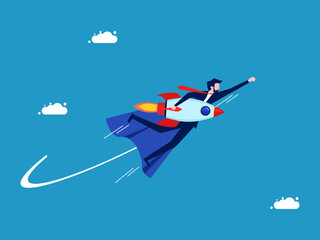 Obraz na płótnie Canvas Develop new innovations. Businessman hero holds a rocket and flies in the sky. Vector