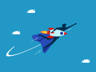 Discover new innovations. man hero holds a rocket and flies in the sky. Vector