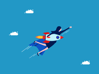 Naklejka na ściany i meble Discover new innovations. Businesswoman hero holds a rocket and flies in the sky. Vector