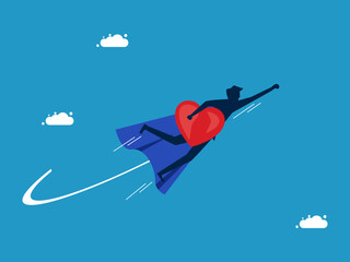 Restore your life or find freedom in your life. man hero holding a heart flies in the sky. Vector