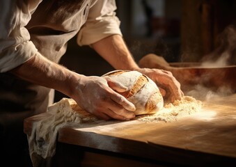 A high-angle shot of a baker skillfully shaping a loaf of bread, with warm natural lighting