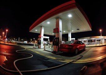 A high-angle shot of a car refueling at a gas station, with the camera positioned above to capture - obrazy, fototapety, plakaty