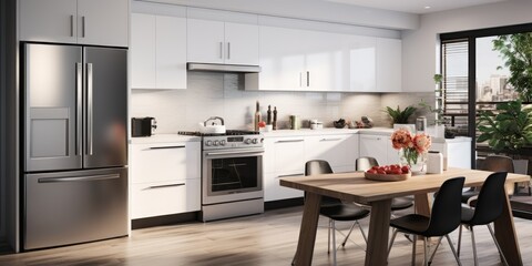 Design a sleek and modern kitchen with stainless steel appliances, white cabinets, and a bold back splash. AI Generative