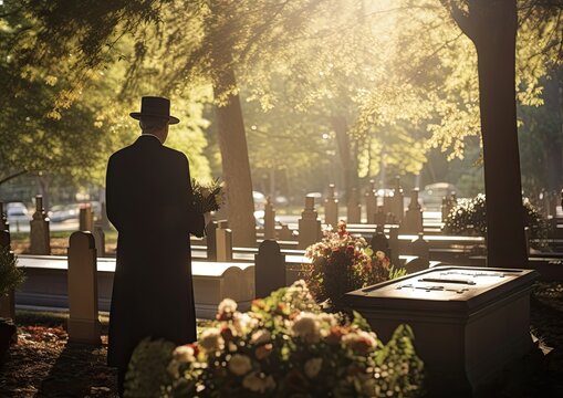 A high-angle shot of a clergyman conducting a funeral service in a peaceful cemetery, with soft