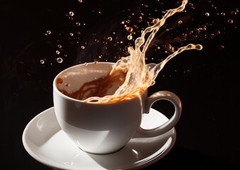 A high-angle shot of a white coffee mug placed on a white background, with a stream of hot coffee