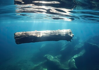 A high-angle shot of a wooden log submerged in crystal clear water, capturing the play of light and