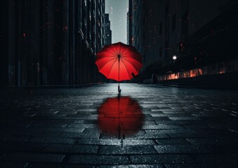 A high-angle shot of a red umbrella standing out against a black rainy cityscape, capturing the
