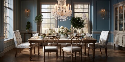 Fototapeta na wymiar Design a traditional and elegant dining room with a wooden table, upholstered chairs, and a crystal chandelier. AI Generative