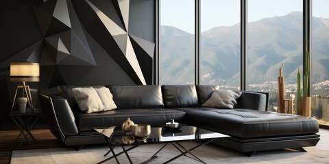 Design an ultra-modern living room with a sleek black leather sofa, a glass coffee table, and a bold geometric rug. AI Generative