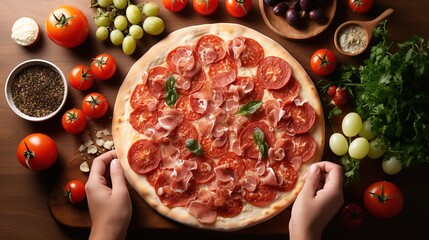 Pizza making with ingredients lies on the table, preparation of pizza mozzarella, pepperoni. Pizza...