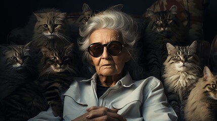 Crazy old granny in glasses, cat lady sitting in a chair in cloak, with her many favorite domestic cats