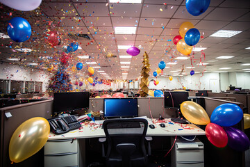 an office decorated with balloons and confectional streamers in the air, as well for birthdays