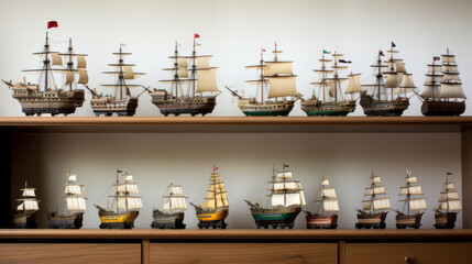 A set of model ships, lined up on a shelf