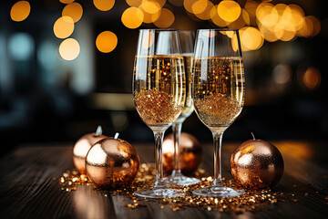 two glasses of champagne on a table with christmas ornaments and lights in the background photo is...