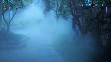 Image of mist covering a Japanese style garden