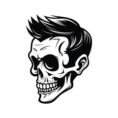 Black and white skull with hair illustration